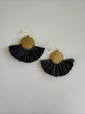 Black Raffia Fan Drop Earrings with Gold Discs